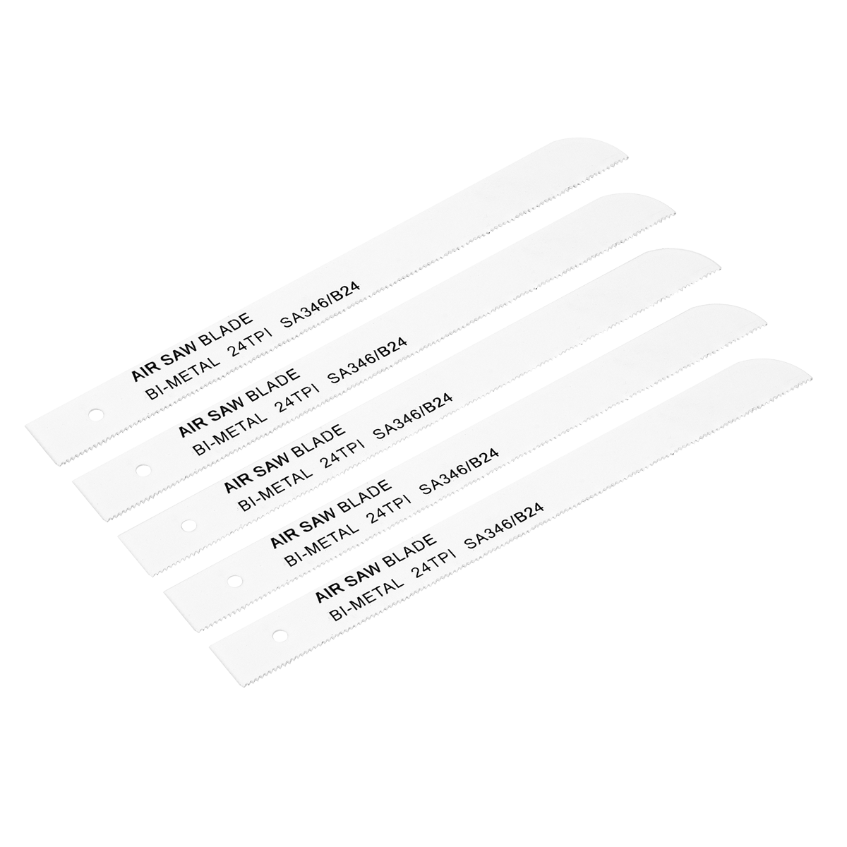 Four Sealey air saw blades, part of the "Air Saw Blade 24tpi Pack of 5 - SA346/B24," arranged in a fanned-out pattern.