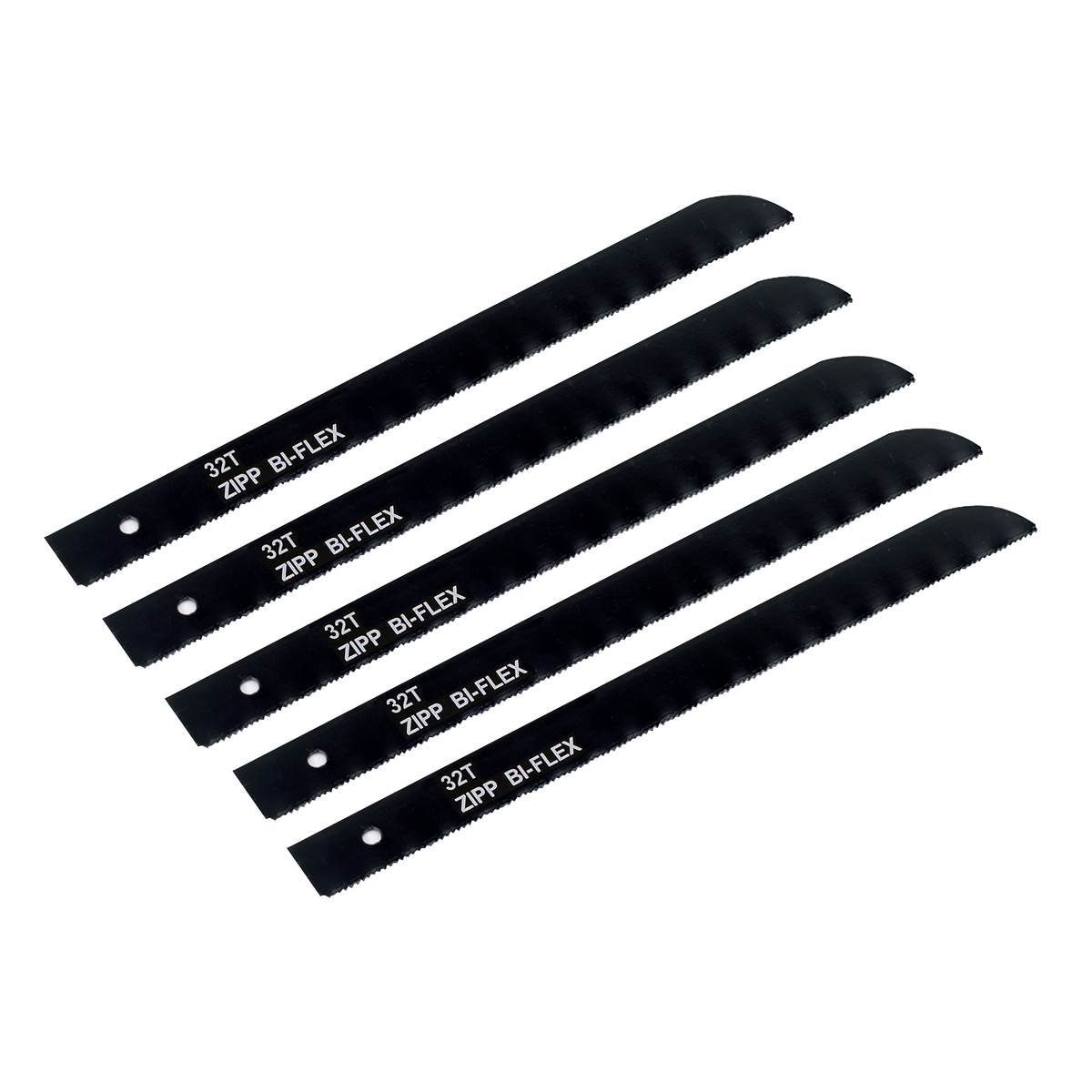 Five Sealey Air Saw Blade 32tpi Pack of 5 - SA346/B32 are arranged in a slightly fanned-out pattern. Each black blade has small teeth on one side and features the text "32T ZIPP BI-FLEX," representing precision cutting quality often associated with Sealey air saw tools.