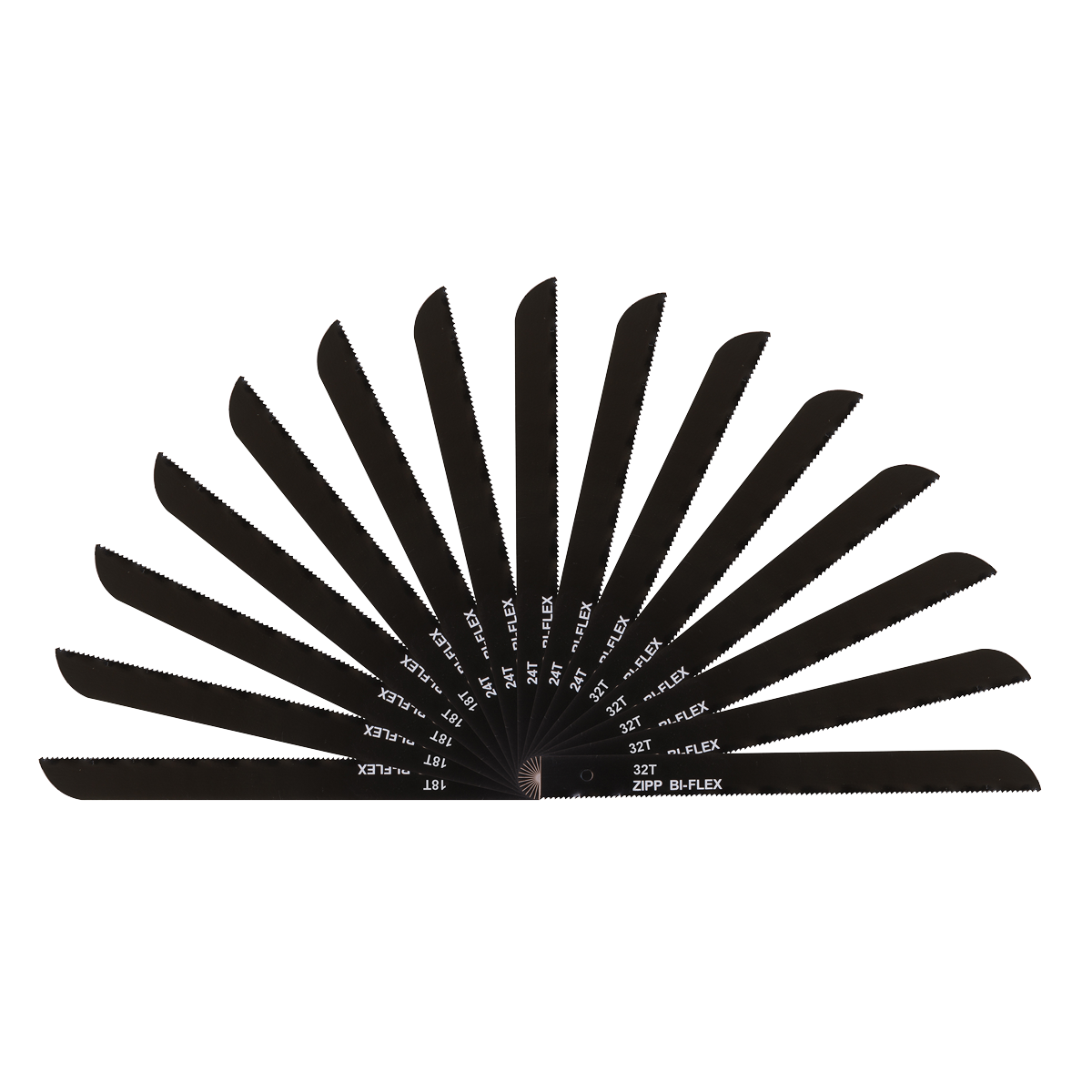 A spread of various black Sealey Air Saw Blades (SA346MIX) from the mixed pack of 15 arranged in a fan formation, each labeled with different specifications such as 18T, 24T, and ZIPR, B.FLEX.