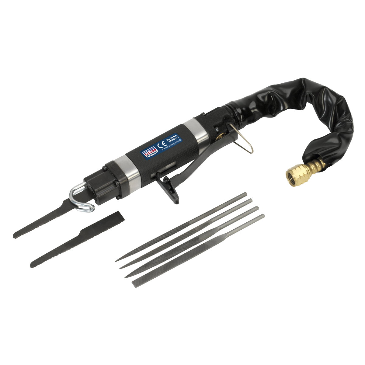 The Sealey Air Saw/Needle File Mini Reciprocating - SA347 is a versatile pneumatic file set that includes five interchangeable metal files, a flexible handle covering, and an air hose connector. Ideal for bodyshop applications, it features a safety trigger device that enhances control and precision.