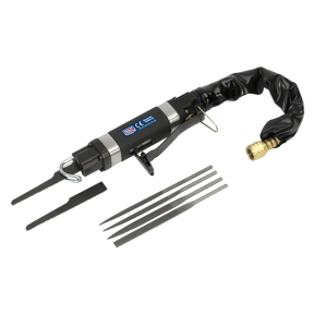 The Sealey Air Saw/Needle File Mini Reciprocating - SA347 is a versatile pneumatic file set that includes five interchangeable metal files, a flexible handle covering, and an air hose connector. Ideal for bodyshop applications, it features a safety trigger device that enhances control and precision.