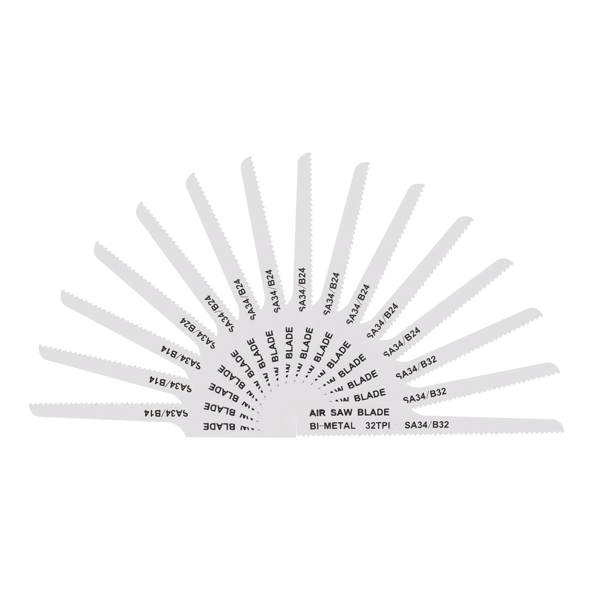 A fan arrangement of 15 Sealey Air Saw Blades labeled with specifications "SA34/B21," "SA34/B24," and others. Each blade has a toothed edge, including both 14tpi saw blades and 24tpi saw blades, all designed for air saws.