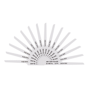 A fan arrangement of 15 Sealey Air Saw Blades labeled with specifications "SA34/B21," "SA34/B24," and others. Each blade has a toothed edge, including both 14tpi saw blades and 24tpi saw blades, all designed for air saws.
