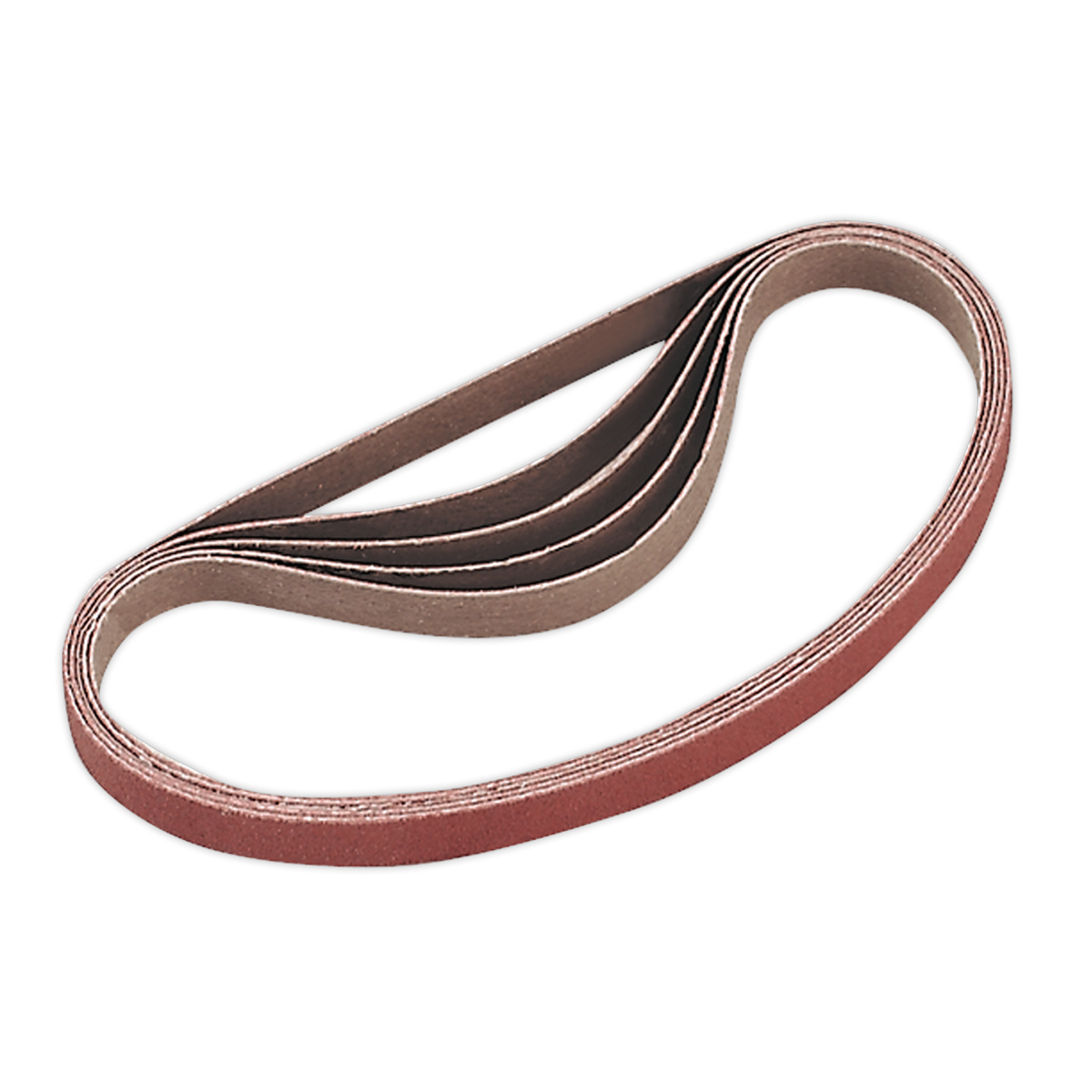 The Sealey Sanding Belt 10 x 330mm 120 Grit Pack of 5 - SA35/B120G is a coiled, reddish-brown belt with a coarse surface, perfect for abrasive sanding tasks and designed for use with belt sanders.