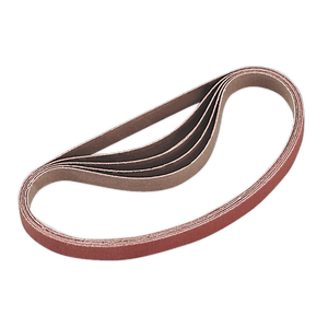 The Sealey Sanding Belt 10 x 330mm 120 Grit Pack of 5 - SA35/B120G is a coiled, reddish-brown belt with a coarse surface, perfect for abrasive sanding tasks and designed for use with belt sanders.