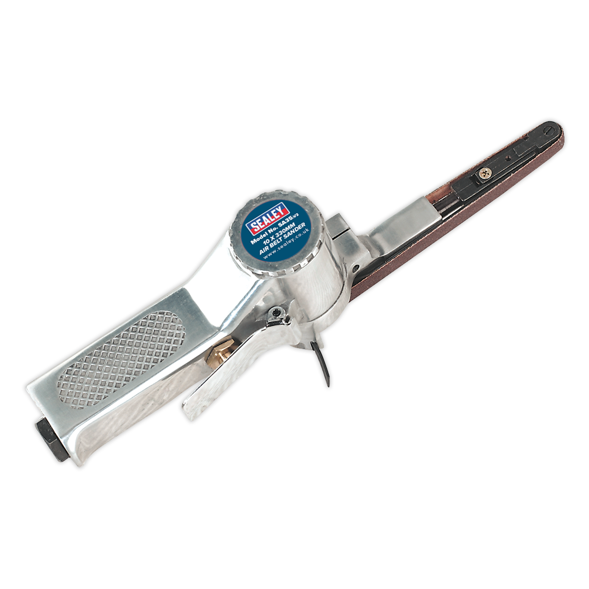 Image of a silver Air Belt Sander 10 x 330mm - SA35 with a blue "Sealey" logo on the side. The tool features a narrow, elongated sanding belt, a textured grip handle, and durable aluminium housing. It also boasts an advanced belt tracking control system for precise sanding.