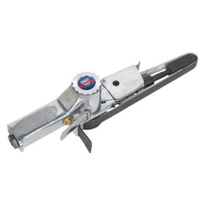 The Sealey Air Belt Sander 20mm - SA354 is a metallic pneumatic sander with a gray body and black sanding belt, featuring a textured grip and brand label. Ideal for welding work, it includes belt tracking control to ensure precision.