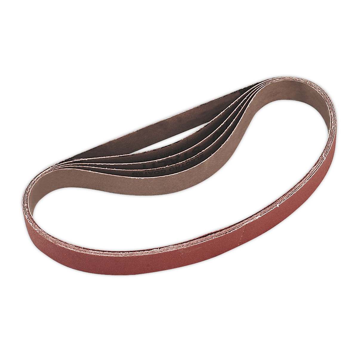 A looped sanding belt from Sealey, specifically the Sanding Belt 20 x 520mm 120 Grit Pack of 5 - SA355/B120G, lies flat against a white background.