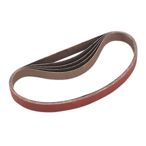 A looped sanding belt from Sealey, specifically the Sanding Belt 20 x 520mm 120 Grit Pack of 5 - SA355/B120G, lies flat against a white background.