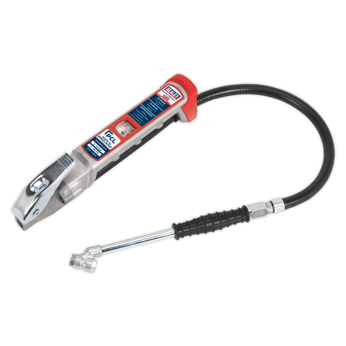 The Sealey Professional Tyre Inflator with Twin Push-On Connector - SA37/93 features an aluminum body, a flexible hose, and a metal nozzle. It boasts a red and black handle with control buttons and a digital display, ensuring precise measurements with the included calibration certificate.