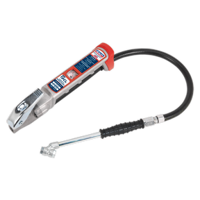 The Sealey Professional Tyre Inflator with Twin Push-On Connector - SA37/93 features an aluminum body, a flexible hose, and a metal nozzle. It boasts a red and black handle with control buttons and a digital display, ensuring precise measurements with the included calibration certificate.