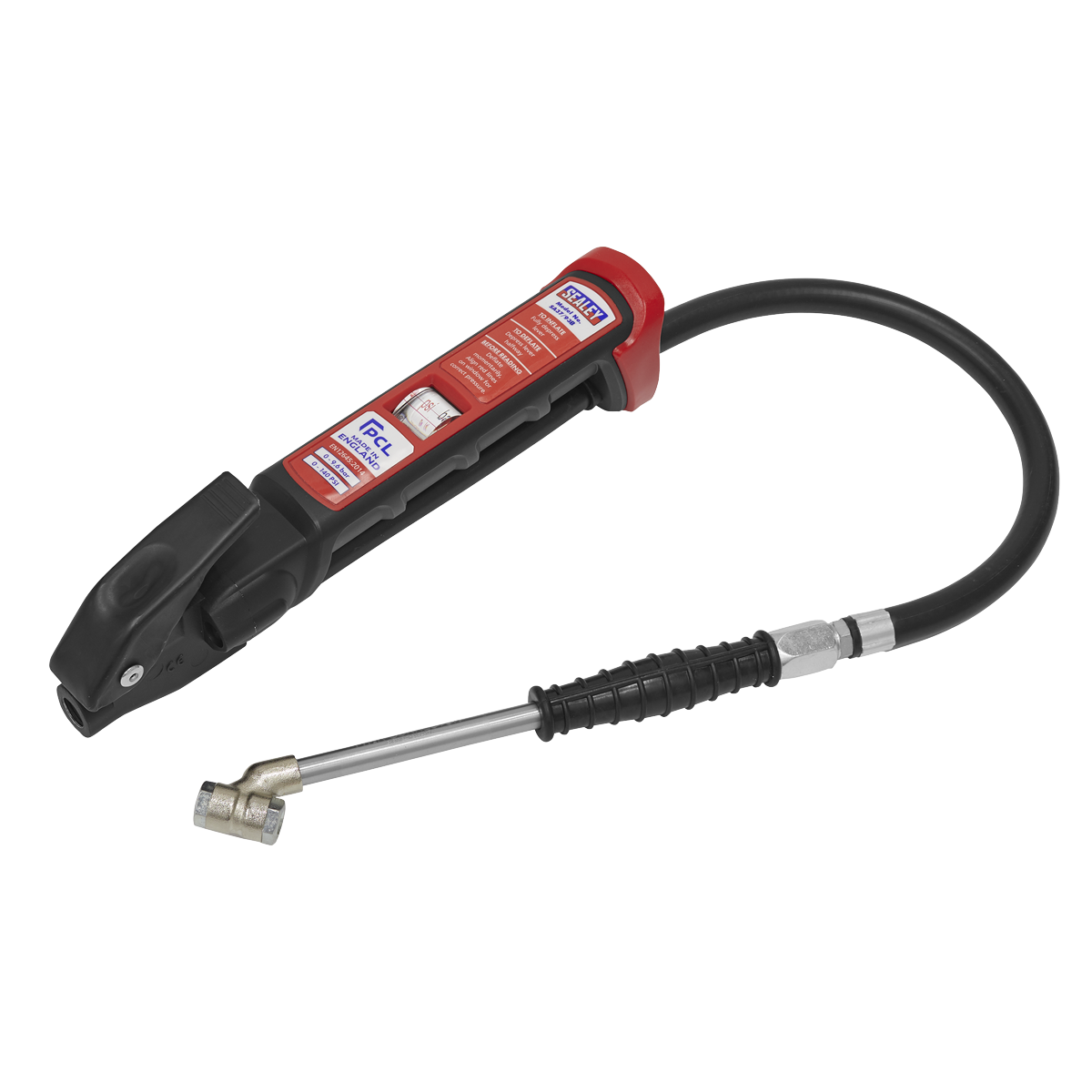 The Sealey Anodised Tyre Inflator with Twin Push-On Connector - SA37/93B features a black and red anodized body, a flexible hose, an aluminum nozzle, and a clear pressure scale for precise readings.