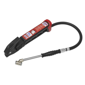 The Sealey Anodised Tyre Inflator with Twin Push-On Connector - SA37/93B features a black and red anodized body, a flexible hose, an aluminum nozzle, and a clear pressure scale for precise readings.