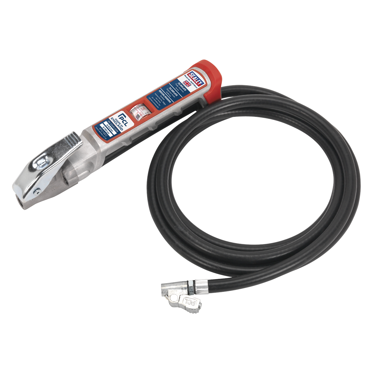 The Sealey Professional Tyre Inflator with 2.5m Hose & Clip-On Connector - SA37/94 is engineered with a robust Aluminium body, featuring a dual-calibrated gas pump nozzle and an attached black hose, ideal for inflating commercial and agricultural vehicle tyres.