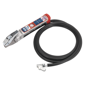 The Sealey Professional Tyre Inflator with 2.5m Hose & Clip-On Connector - SA37/94 is engineered with a robust Aluminium body, featuring a dual-calibrated gas pump nozzle and an attached black hose, ideal for inflating commercial and agricultural vehicle tyres.