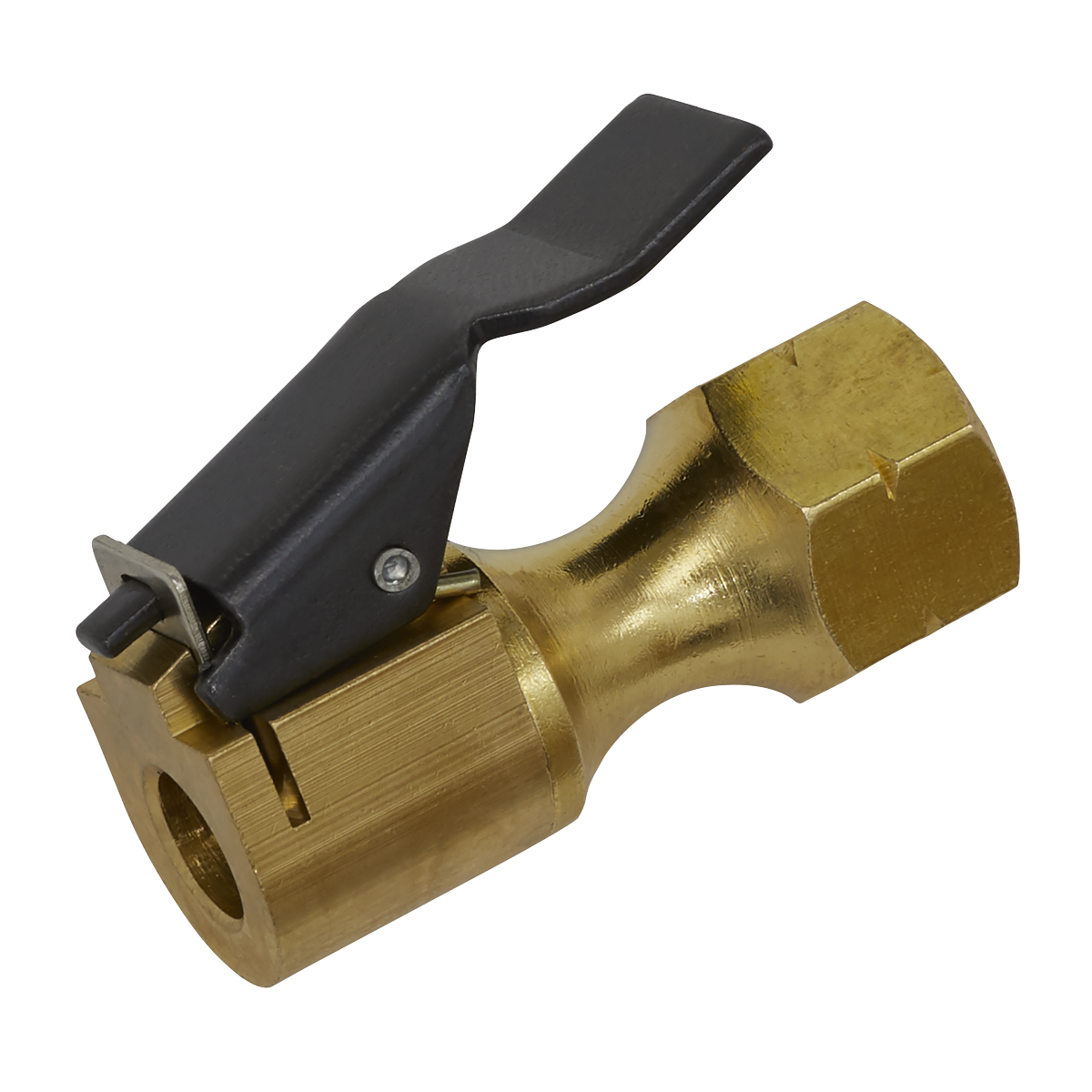 Close-up of a Sealey Clip-On Connector for Tyre Inflators with a brass construction and black lever. The tyre inflator features a 1/4”BSP male connector, designed to secure and inflate tires by attaching to the valve stem.