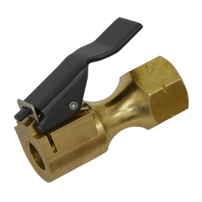 Close-up of a Sealey Clip-On Connector for Tyre Inflators with a brass construction and black lever. The tyre inflator features a 1/4”BSP male connector, designed to secure and inflate tires by attaching to the valve stem.