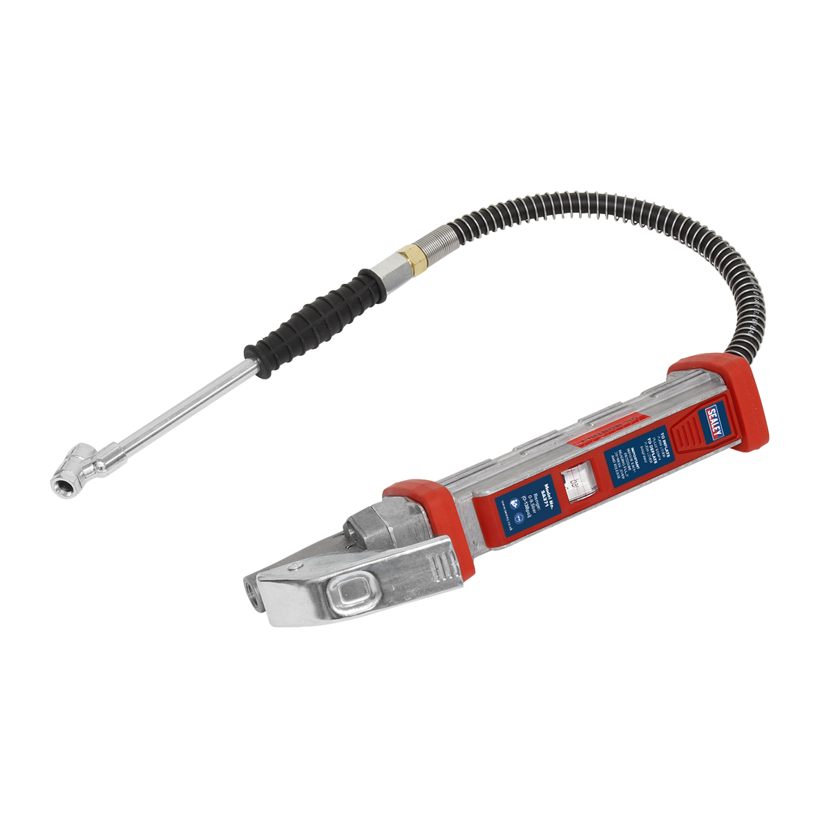 A Sealey Tyre Inflator 0.5m Hose with Twin Push-On Connector (model SA371) featuring a flexible hose and a red and silver aluminum body is displayed against a white background. It is dual calibrated and EN 12645 compliant, ensuring precise and reliable performance.