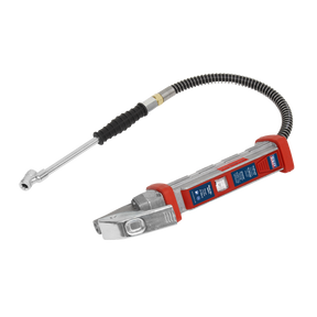 A Sealey Tyre Inflator 0.5m Hose with Twin Push-On Connector (model SA371) featuring a flexible hose and a red and silver aluminum body is displayed against a white background. It is dual calibrated and EN 12645 compliant, ensuring precise and reliable performance.