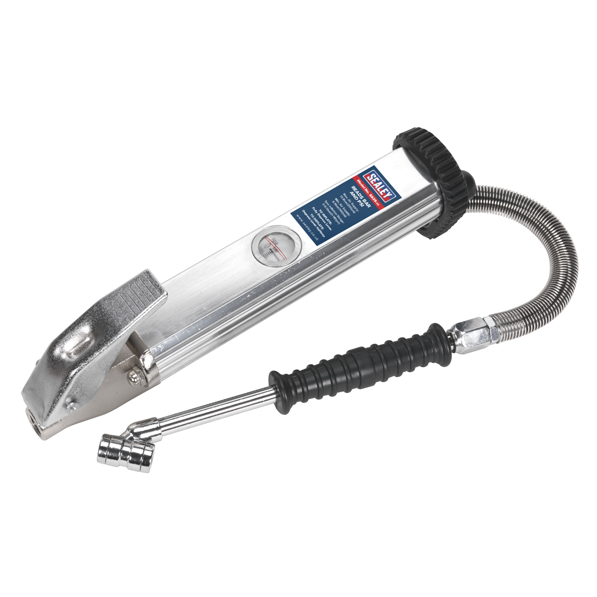 The Tyre Inflator Long Type with Twin Push-On Connector - SA39 by Sealey features a pressure gauge, flexible hose attachment, and a heavy-duty extruded aluminium body.