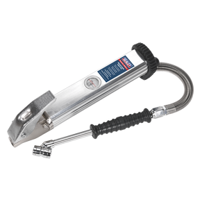 The Tyre Inflator Long Type with Twin Push-On Connector - SA39 by Sealey features a pressure gauge, flexible hose attachment, and a heavy-duty extruded aluminium body.