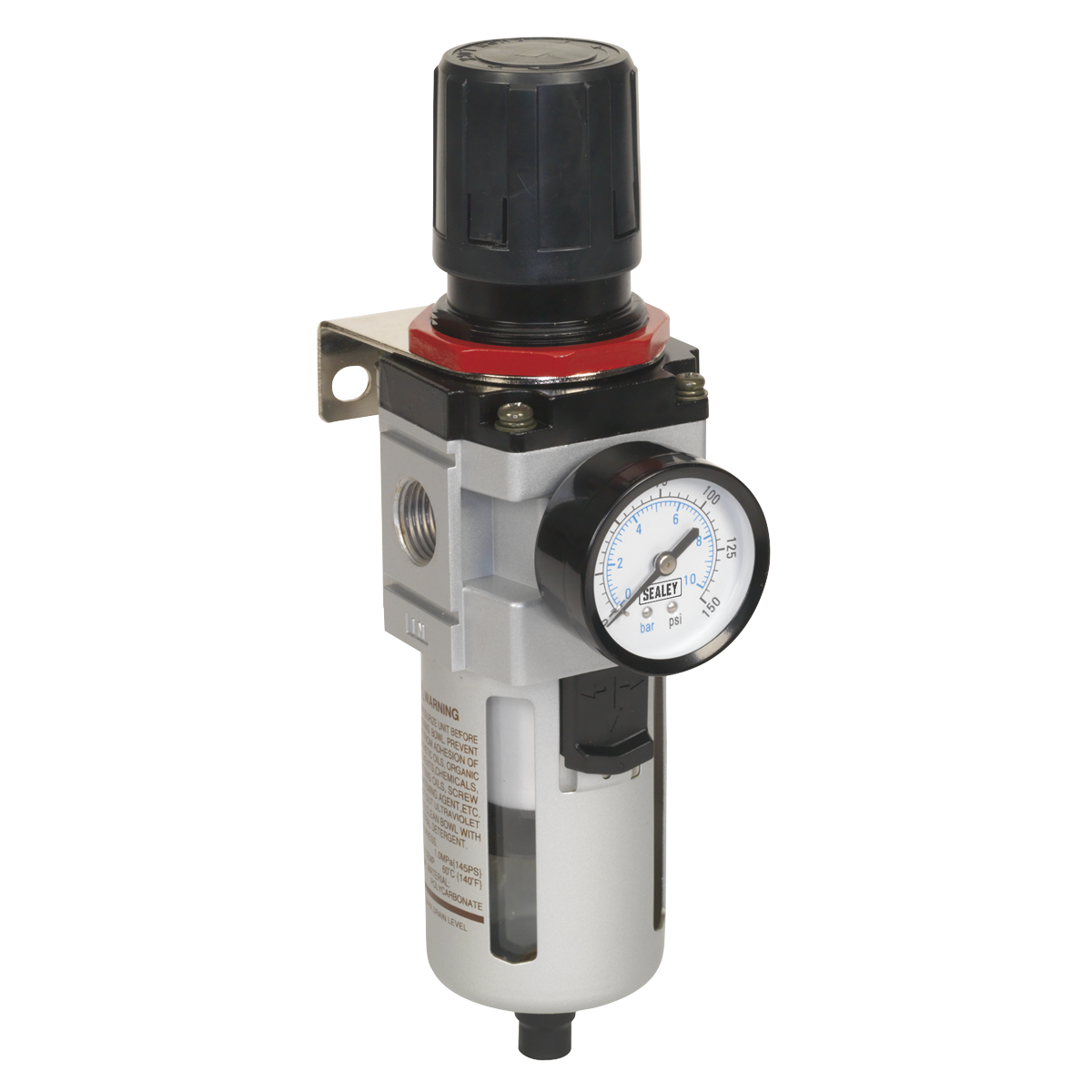 The Sealey Air Filter/Regulator - High Flow - SA4001FR comes equipped with a pressure gauge, adjustable control knob, and mounting bracket for your workshop air supply.