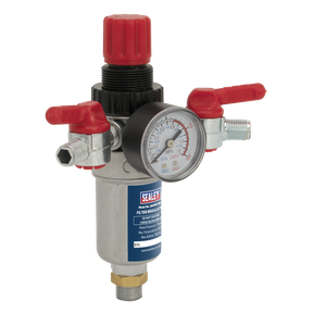 The Air Filter/Regulator 3/8"BSP Male - 1/4"BSP Male (SA4FR/38) by Sealey is an industrial pressure regulator featuring a heavy-duty aluminium alloy valve, a red airflow control knob, and a pressure gauge.
