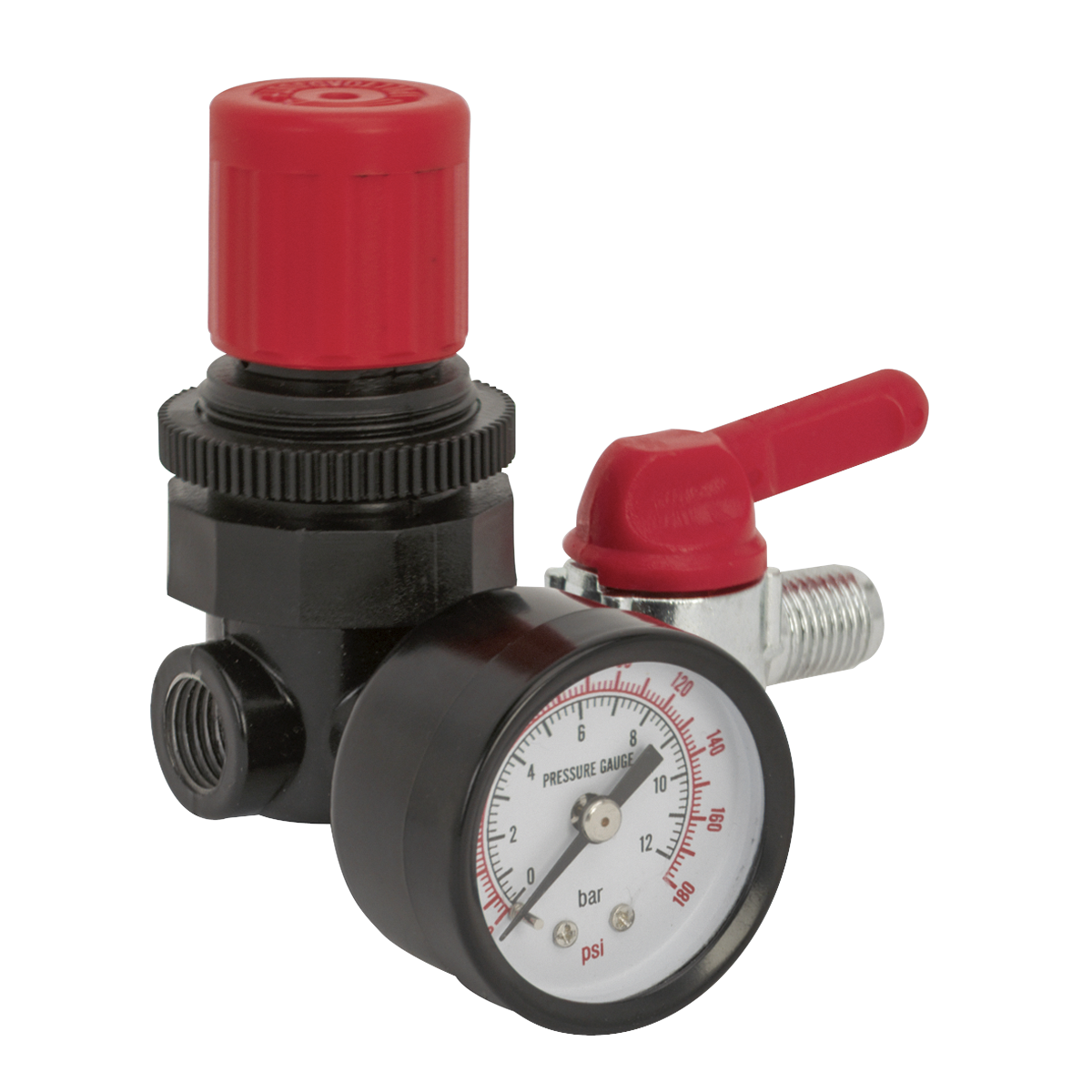 Close-up of the Sealey Air Regulator 1/4"BSP Female - 1/4"BSP Male - SA5/RG/14, featuring a pressure gauge with a dial displaying measurements in bar and psi, attached to an aluminium valve with a red handle and airflow control knob, and topped with a red cap on the main body.