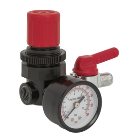 Close-up of the Sealey Air Regulator 1/4"BSP Female - 1/4"BSP Male - SA5/RG/14, featuring a pressure gauge with a dial displaying measurements in bar and psi, attached to an aluminium valve with a red handle and airflow control knob, and topped with a red cap on the main body.