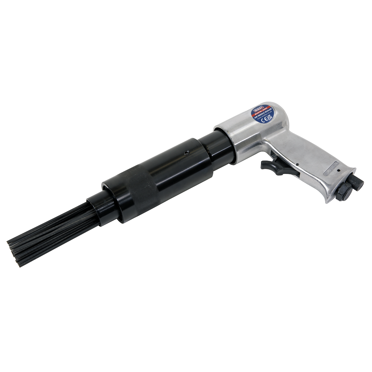 The Sealey Air Needle Scaler - Pistol Type - SA501 features a silver handle and black attachment, making it perfect for removing rust and cleaning heavy paint. It also comes with a variable speed trigger for precision.