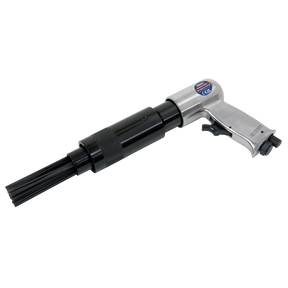 The Sealey Air Needle Scaler - Pistol Type - SA501 features a silver handle and black attachment, making it perfect for removing rust and cleaning heavy paint. It also comes with a variable speed trigger for precision.
