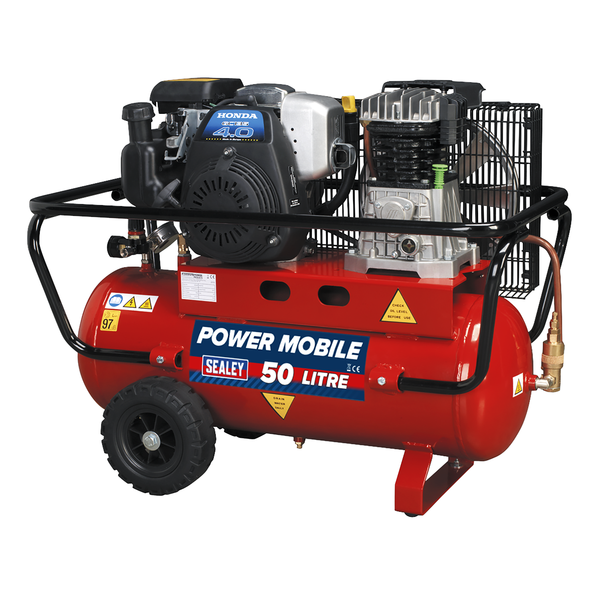 Introducing the Sealey Air Compressor 50L Belt Drive Petrol Engine 4hp (SA5040), featuring a powerful Honda GC135 motor. This red air compressor comes with a black protective frame, wheels for easy mobility, a twin piston pump for increased efficiency, and safety warning labels.