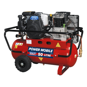 Introducing the Sealey Air Compressor 50L Belt Drive Petrol Engine 4hp (SA5040), featuring a powerful Honda GC135 motor. This red air compressor comes with a black protective frame, wheels for easy mobility, a twin piston pump for increased efficiency, and safety warning labels.