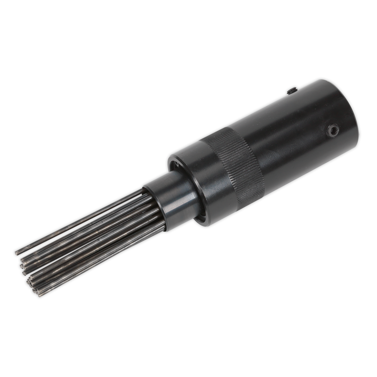 The Sealey Needle Scaler Adaptor - SA50A is a black pneumatic tool with a cylindrical body and multiple metal rods protruding from one end, perfect for cleaning heavy paint and rust scale, offering similar effectiveness to Sealey air hammers.