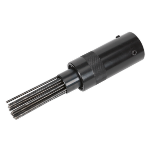 The Sealey Needle Scaler Adaptor - SA50A is a black pneumatic tool with a cylindrical body and multiple metal rods protruding from one end, perfect for cleaning heavy paint and rust scale, offering similar effectiveness to Sealey air hammers.