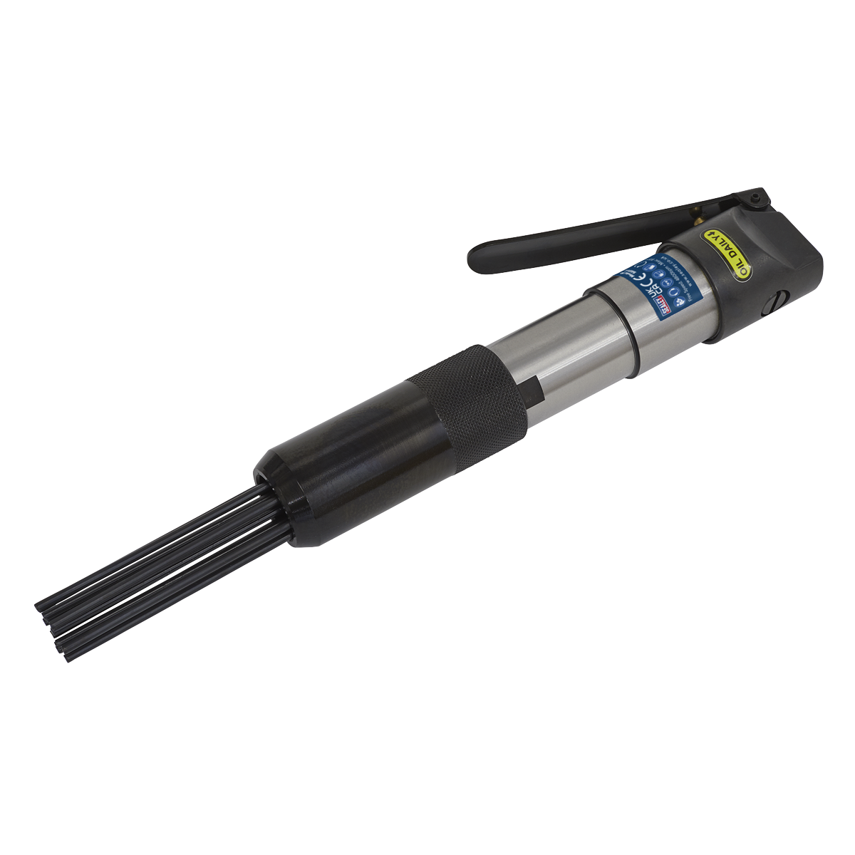 The Sealey Air Needle Scaler 32mm Stroke - SA51 is a handheld pneumatic tool featuring a cylindrical body and an array of needle-like rods at the end, designed for surface preparation by removing rust scale, heavy paint, and other materials from metal surfaces.