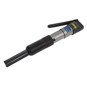 The Sealey Air Needle Scaler 32mm Stroke - SA51 is a handheld pneumatic tool featuring a cylindrical body and an array of needle-like rods at the end, designed for surface preparation by removing rust scale, heavy paint, and other materials from metal surfaces.