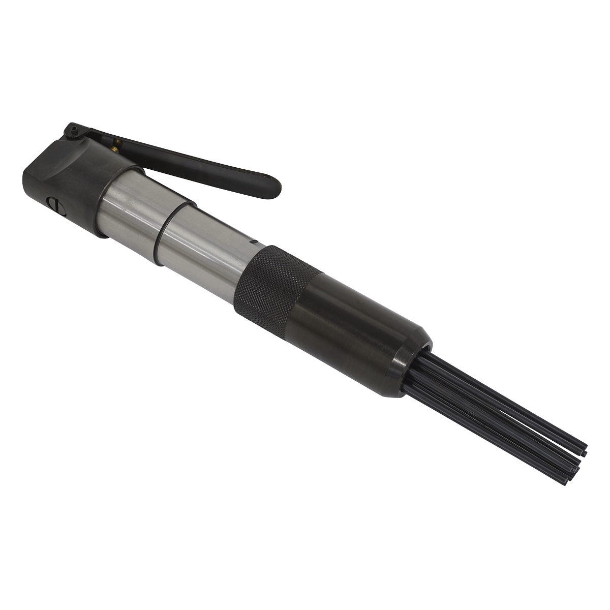 Introducing the Sealey Air Needle Scaler 32mm Stroke - SA51, a durable pneumatic tool with a metal body and numerous black needles at the tip, ideal for effectively removing rust scale and heavy paint from metal surfaces.