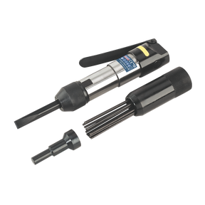 Introducing the Sealey Air Needle Scaler/Flux Chipper 32mm Stroke - SA52, a versatile handheld pneumatic tool featuring three interchangeable heads: a chisel, a needle scaler, and a small round attachment, ideal for efficiently cleaning heavy paint and rust scale.