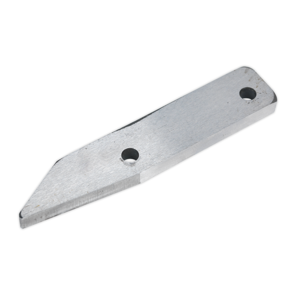 The Sealey Blade, Outer Left - SA53.V3-31 is a metal blade with two round holes and a pointed tip on one end, designed for outer left blade cutting in SA53 air power shears.