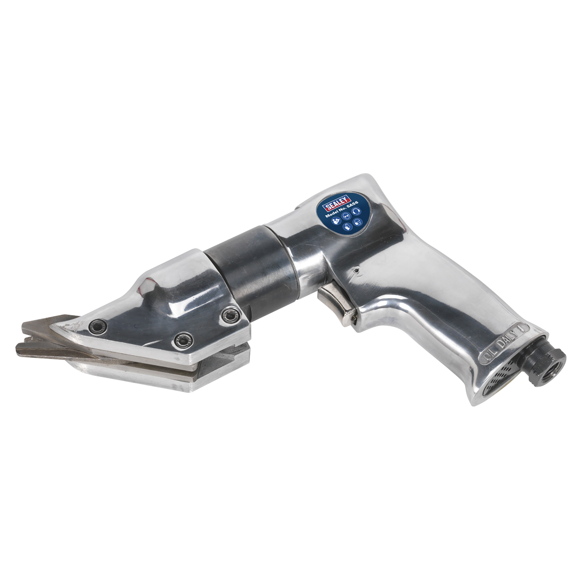 The Sealey Air Shears Pistol Type - SA56 is a metallic tool with a silver finish, featuring a pistol grip design handle and a front blade designed for cutting steel metal sheets.