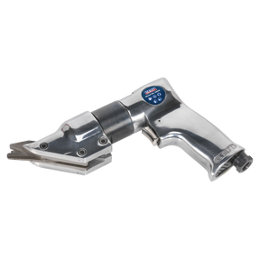 The Sealey Air Shears Pistol Type - SA56 is a metallic tool with a silver finish, featuring a pistol grip design handle and a front blade designed for cutting steel metal sheets.