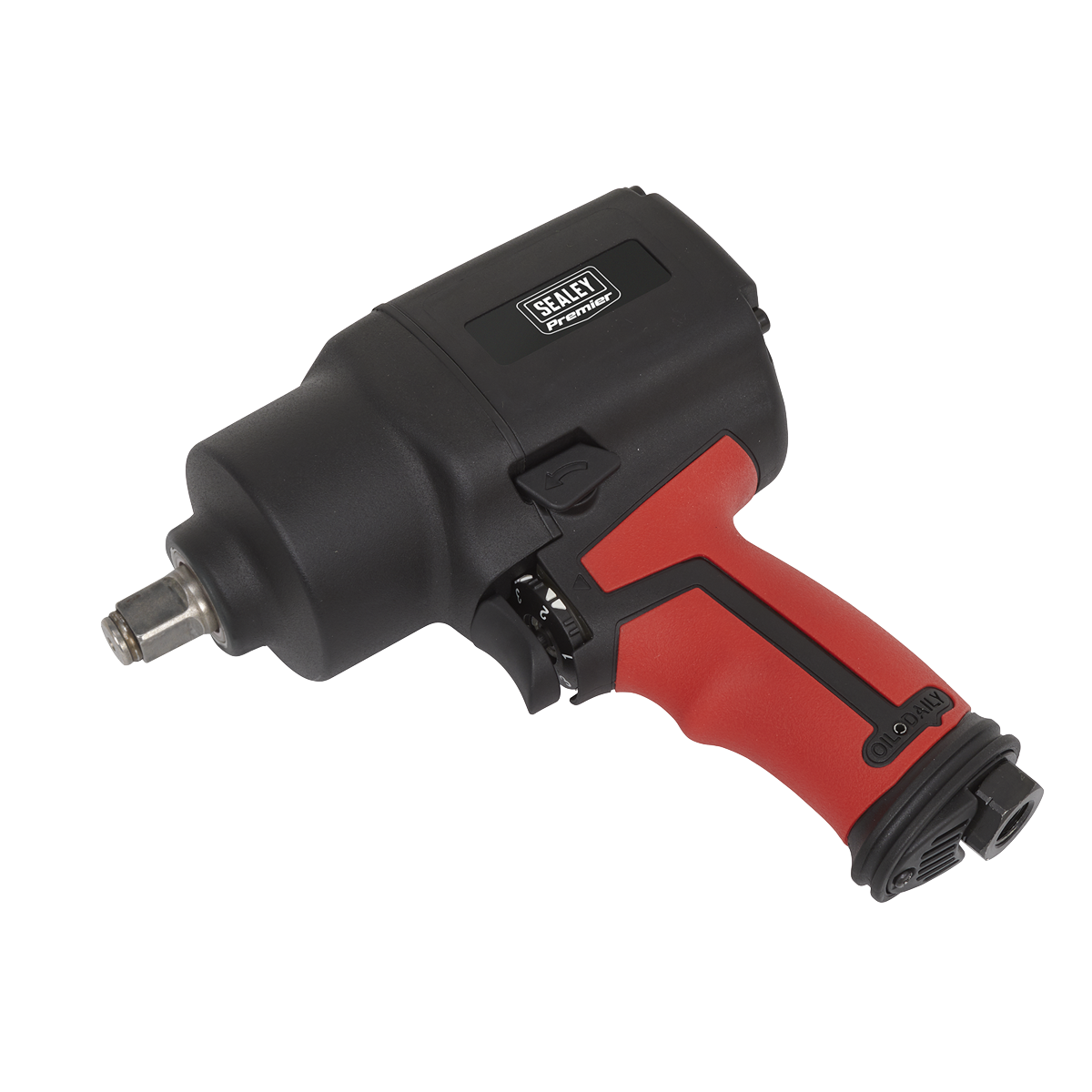 A sturdy pneumatic impact wrench, emblazoned with the "Sealey" logo, comes in a sleek black and red design. The Air Impact Wrench 1/2"Sq Drive Twin Hammer - SA6002 also features a handy 3-speed selector switch for versatile usage.