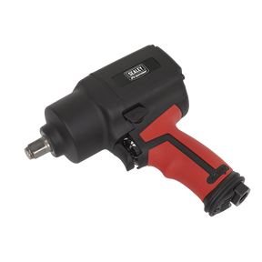 A sturdy pneumatic impact wrench, emblazoned with the "Sealey" logo, comes in a sleek black and red design. The Air Impact Wrench 1/2"Sq Drive Twin Hammer - SA6002 also features a handy 3-speed selector switch for versatile usage.
