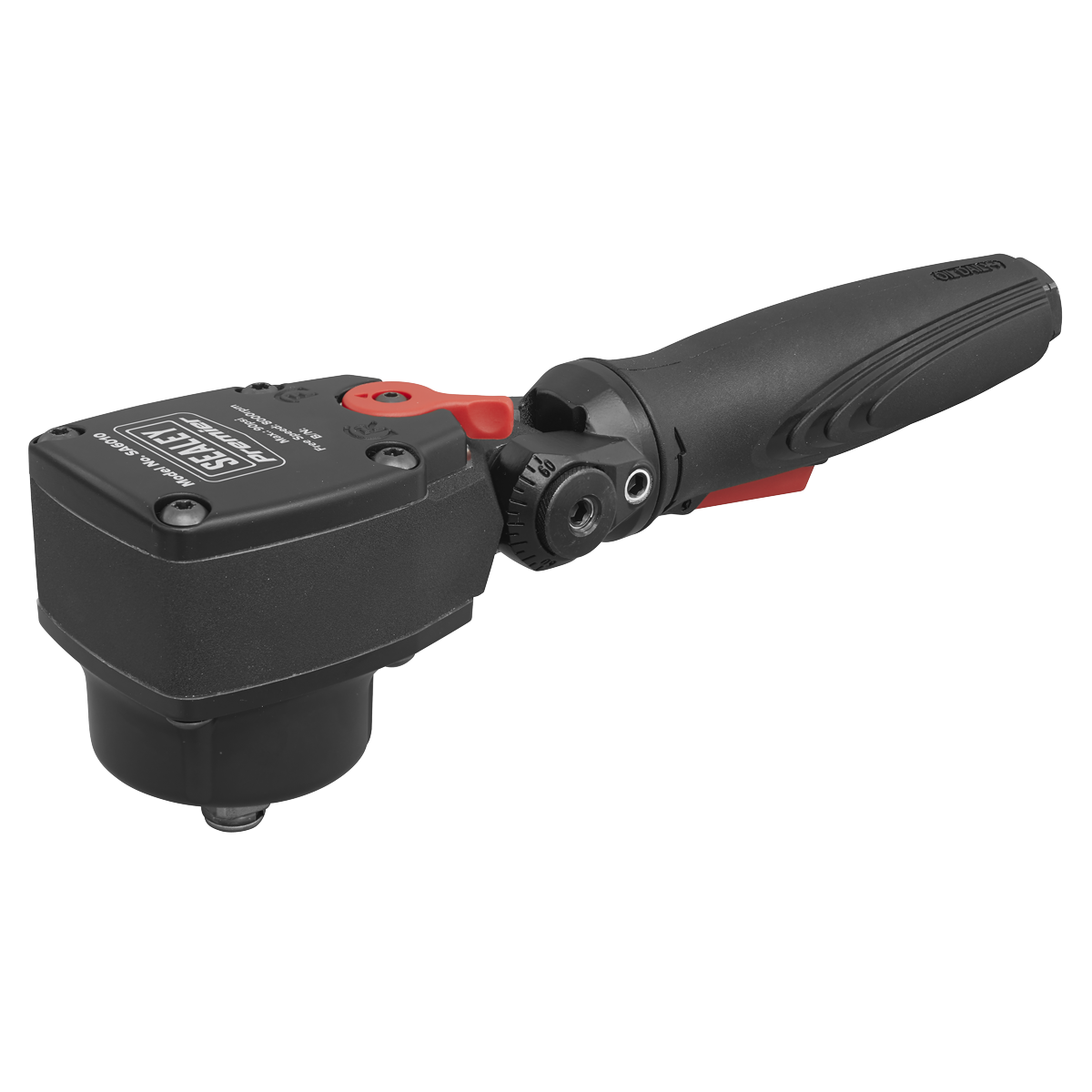 Sealey Air Impact Wrench 1/2"Sq Drive Super Stubby - Twin Hammer (SA6010): A compact pneumatic impact wrench in striking black and red, featuring a rectangular head, ergonomic handle, and a swivel mechanism for enhanced flexibility.