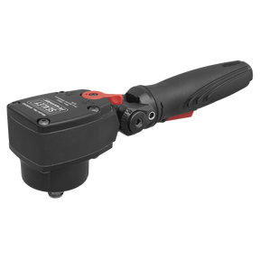 Sealey Air Impact Wrench 1/2"Sq Drive Super Stubby - Twin Hammer (SA6010): A compact pneumatic impact wrench in striking black and red, featuring a rectangular head, ergonomic handle, and a swivel mechanism for enhanced flexibility.