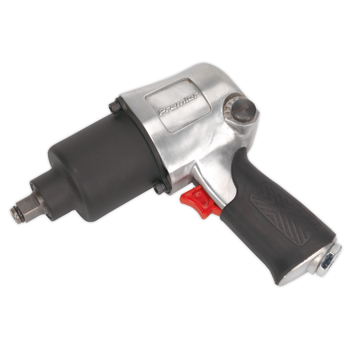 The Sealey Air Impact Wrench 1/2"Sq Drive - Twin Hammer - SA602 features a sleek silver and black design, equipped with a red trigger and a rubber grip handle, engineered to provide superior fastening torque.