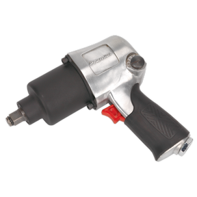 The Sealey Air Impact Wrench 1/2"Sq Drive - Twin Hammer - SA602 features a sleek silver and black design, equipped with a red trigger and a rubber grip handle, engineered to provide superior fastening torque.