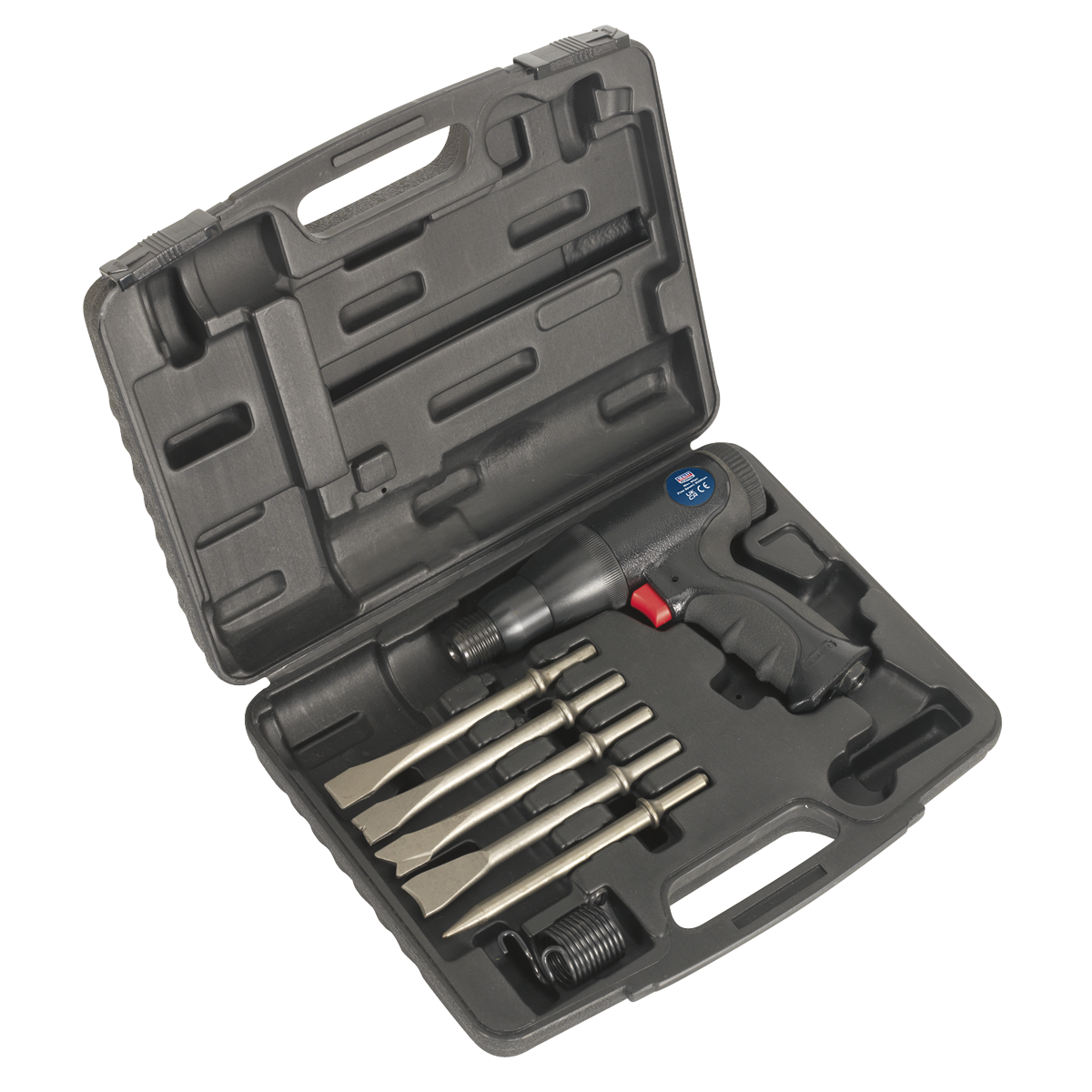 A black plastic storage case containing the Sealey Air Hammer Kit Composite Premier - Long Stroke - SA614, equipped with a pneumatic air hammer featuring a red trigger, four chisels of varying shapes, and an air hose fitting.