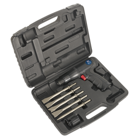 A black plastic storage case containing the Sealey Air Hammer Kit Composite Premier - Long Stroke - SA614, equipped with a pneumatic air hammer featuring a red trigger, four chisels of varying shapes, and an air hose fitting.